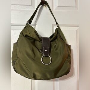 Talbots Soft Nylon Hobo Handbag Olive Green W/ Leather Trim Lined Snap Closure